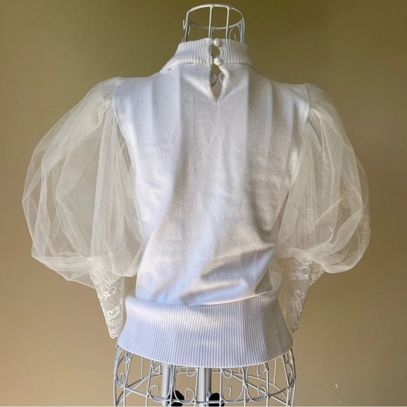 Garcia white sweater turtleneck, sheer puffed sleeves with lace cuffs size S - Picture 4 of 11